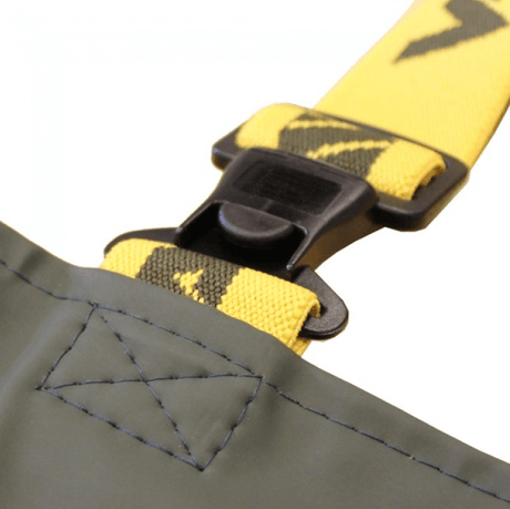 Close-up of the buckle and strap on Vass high-quality green fishing boots, showcasing durability and functionality.